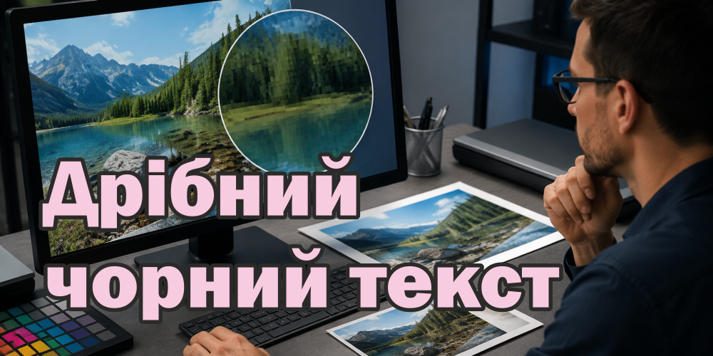 Дрібний чорний текст заданий кольором C60 M50 Y50 K100. Яке рішення найкраще?